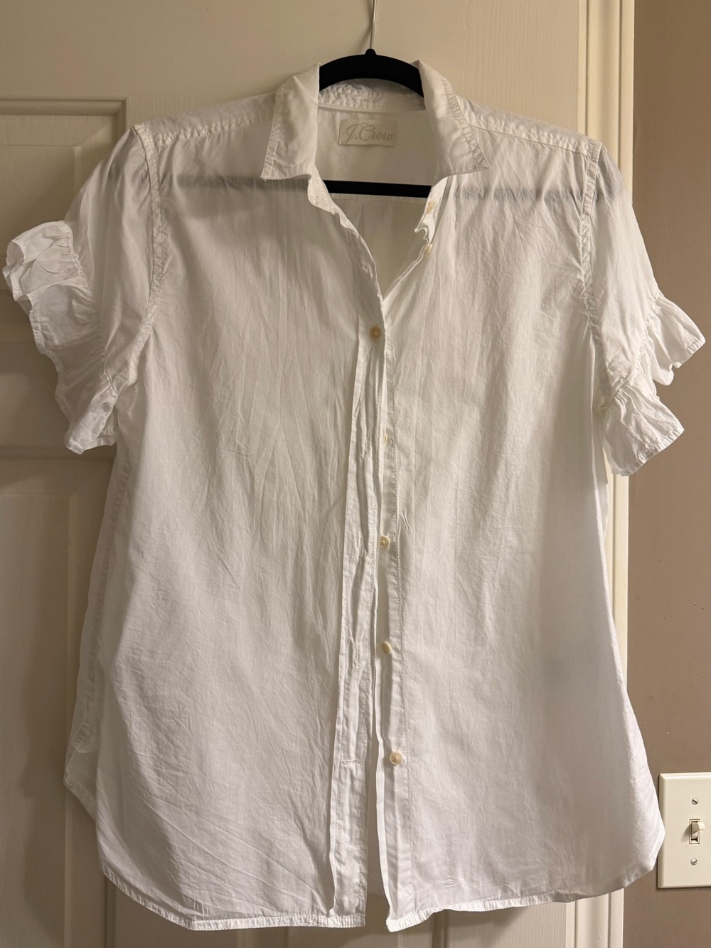 J. Crew White Ruffle-Sleeve Button-Down Shirt/size M